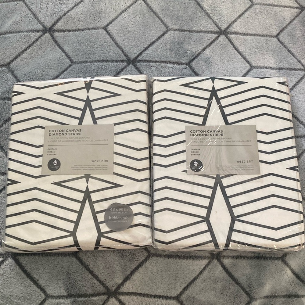 NEW WEST ELM COTTON CANVAS CURTAIN Lot Of 2 Diamond Stripe 48 x 96 SET